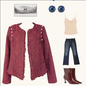 Textured Red Fringe Jacket • Polished Office Layer • Medium